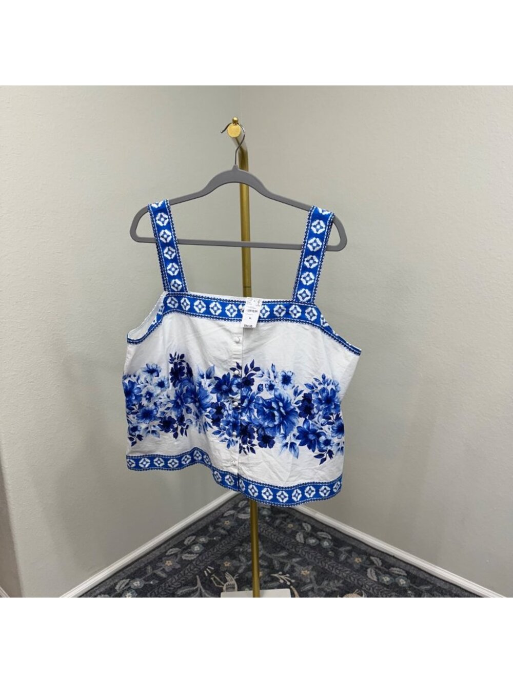 Lands End Poplin Square Neck Tank Top Blue White Floral Mosaic Womens Sz XL NEW